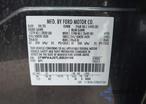 2020 Ford Edge St Line из США, поврежденный, VIN 2FMPK4J97LBB29106